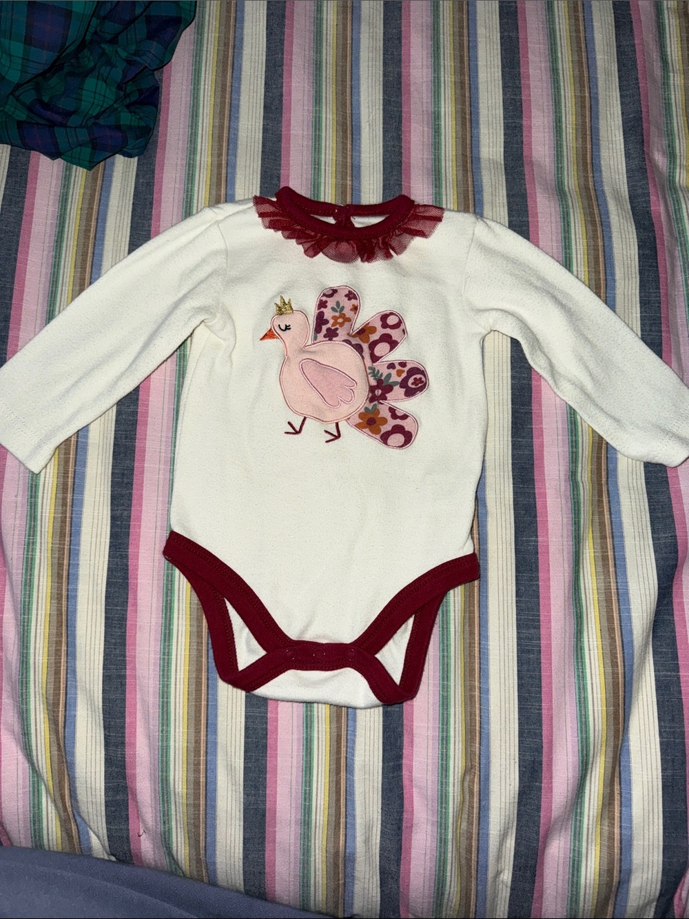 White & Burgundy Baby One-Piece with Pink Turkey Applique